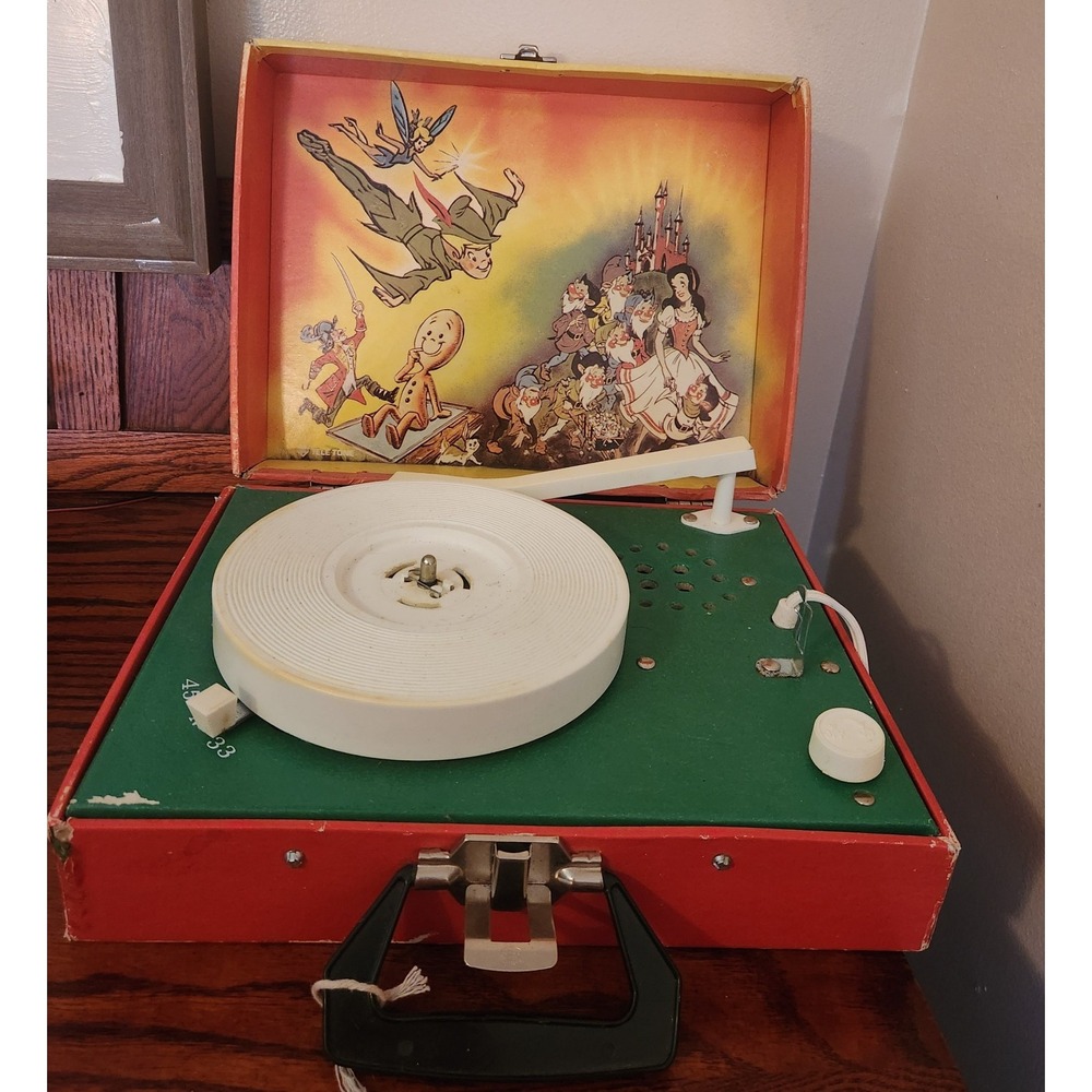 Vtg Portable Record Player Snow White‎ +Dwarfs TELETONE Suitcase Works
